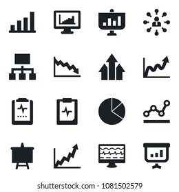 Set of vector isolated black icon - hierarchy vector, presentation board, monitor pulse, clipboard, statistics, bar graph, pie, point, arrow up, growth, crisis