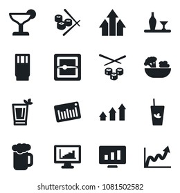 Set of vector isolated black icon - statistic monitor vector, barcode, scanner, statistics, alcohol, drink, cocktail, phyto bar, beer, salad, sushi, arrow up graph, growth