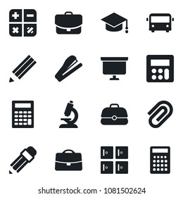 Set of vector isolated black icon - airport bus vector, checkroom, calculator, graduate, presentation board, microscope, case, paper clip, pencil, stapler