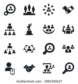 Set of vector isolated black icon - handshake vector, hierarchy, pedestal, team, patient, company, hr, meeting, client search, consumer