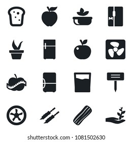 Set of vector isolated black icon - seedling vector, plant label, diet, fridge, drink, salad, bacon, bread, kebab, apple fruit, fan, palm sproute