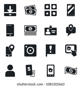 Set of vector isolated black icon - mobile phone vector, identity card, important flag, cash, tracking, cell, camera, user, download, application, restaurant receipt, home control app