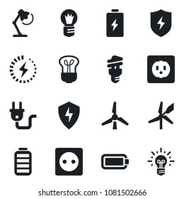 Set of vector isolated black icon - bulb vector, battery, protect, charge, desk lamp, windmill, socket, power plug, energy saving, idea