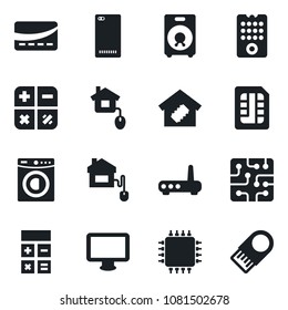 Set of vector isolated black icon - calculator vector, monitor, speaker, phone back, sim, washer, smart home, credit card, control, chip, remote, router, usb flash