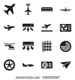 Set of vector isolated black icon - plane vector, radar, departure, helicopter, seat map, air conditioner, fan, paper