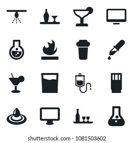 Set of vector isolated black icon - dropper vector, flammable, monitor, alcohol, drink, cocktail, water, filter, sprinkler, flask