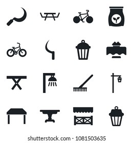 Set of vector isolated black icon - rake vector, sickle, garden light, picnic table, fertilizer, bike, restaurant, alcove, outdoor lamp