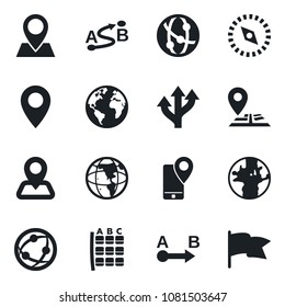 Set of vector isolated black icon - seat map vector, route, navigation, earth, pin, mobile tracking, network, compass, flag