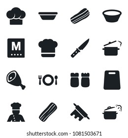 Set of vector isolated black icon - cook vector, cafe, hat, menu, bacon, salt and pepper, ham, bowl, rolling pin, cutting board, knife, steaming pan