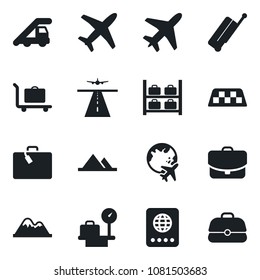 Set of vector isolated black icon - plane vector, runway, taxi, suitcase, baggage trolley, passport, ladder car, luggage storage, scales, globe, mountains, case