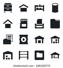 Set of vector isolated black icon - warehouse storage vector, oil barrel, rack, sd, folder, document, paper tray, archive box