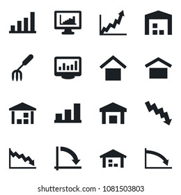 Set of vector isolated black icon - crisis graph vector, garden fork, warehouse storage, monitor statistics, bar, growth