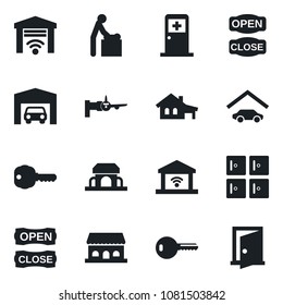 Set of vector isolated black icon - baby room vector, boarding, medical, checkroom, house with garage, key, cafe building, open close, gate control, door