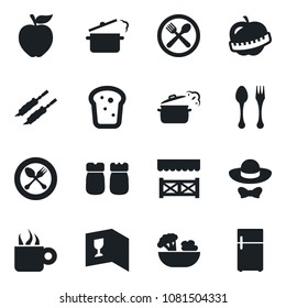 Set of vector isolated black icon - spoon and fork vector, diet, cafe, wine card, coffee, salad, salt pepper, bread, dress code, alcove, kebab, steaming pan, apple fruit, fridge