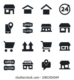 Set of vector isolated black icon - 24 around vector, shop, store, mobile tracking, warehouse storage, up side sign, cafe building, open close, cart, storefront
