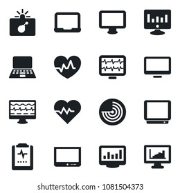 Set of vector isolated black icon - bomb in case vector, radar, notebook pc, statistic monitor, heart pulse, clipboard, tv, statistics