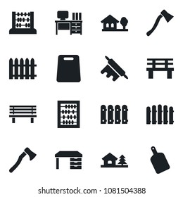 Set of vector isolated black icon - abacus vector, desk, fence, axe, bench, house with tree, rolling pin, cutting board