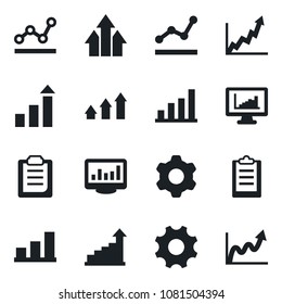 Set of vector isolated black icon - growth statistic vector, settings, clipboard, monitor statistics, bar graph, point, arrow up