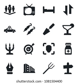 Set of vector isolated black icon - alarm car vector, trowel, farm fork, pills bottle, data exchange, face id, ink pen, company, office building, bedroom, tv, cocktail, candle, kebab, target