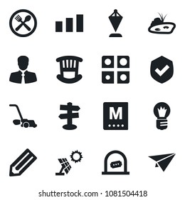 Set of vector isolated black icon - ticket office vector, pennant, bulb, pencil, lawn mower, signpost, client, sorting, shield, application, pond, children room, cafe, menu, sun panel, paper plane