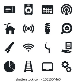Set of vector isolated black icon - ticket vector, notebook pc, document, ladder, saw, sickle, speaker, calendar, pie graph, estate search, wireless, eco house, energy saving bulb, gear