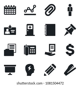 Set of vector isolated black icon - medical room vector, manager, identity card, dollar sign, presentation board, brainstorm, document, calendar, pencil, copybook, drawing pin, paper clip, folder