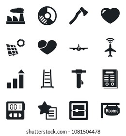 Set of vector isolated black icon - plane radar vector, growth statistic, tie, factory, circle chart, ladder, axe, favorites list, heart, stopwatch, scanner, contract, sun panel, rooms
