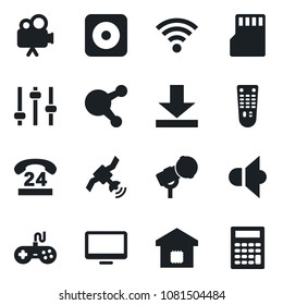 Set of vector isolated black icon - 24 hours vector, microphone, satellite, speaker, gamepad, video camera, remote control, monitor, share, rec button, tuning, sd, download, wireless, smart home