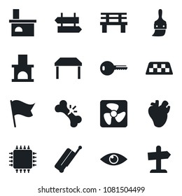 Set of vector isolated black icon - taxi vector, suitcase, signpost, bench, fireplace, real heart, eye, broken bone, themes, key, table, chip, fan, flag, guidepost