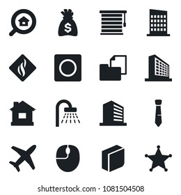 Set of vector isolated black icon - shower vector, office building, mouse, money bag, house, plane, folder document, record, blank box, tie, estate search, city, smoke detector, jalousie, police