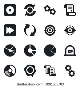 Set of vector isolated black icon - ticket office vector, gear, contract, circle chart, stamp, fast forward, rec button, update, eye id, pie graph, target