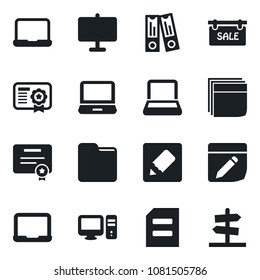 Set of vector isolated black icon - office binder vector, notebook pc, document, laptop, folder, notes, presentation board, blank box, sale, certificate, guidepost