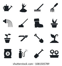 Set of vector isolated black icon - job vector, garden fork, shovel, rake, seedling, watering can, sprout, pruner, boot, hoe, sprayer, fertilizer, flower in pot