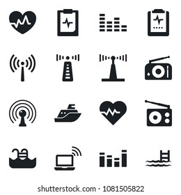 Set of vector isolated black icon - antenna vector, wireless notebook, heart pulse, clipboard, sea shipping, radio, equalizer, pool