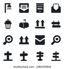 Set of vector isolated black icon - signpost vector, up side sign, search cargo, mail, mailbox, outdoor lamp, guidepost