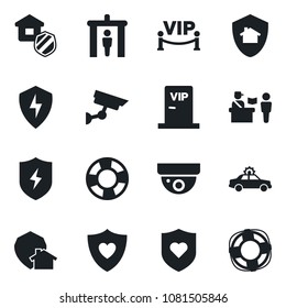 Set of vector isolated black icon - passport control vector, security gate, alarm car, heart shield, protect, estate insurance, vip zone, home, surveillance, crisis management