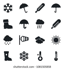 Set of vector isolated black icon - umbrella vector, sun, clouds, storm cloud, wind, boot, rain, thermometer, snowflake