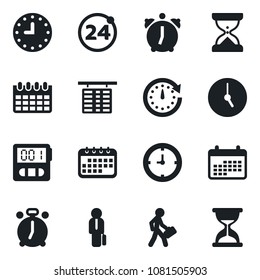 Set of vector isolated black icon - 24 around vector, alarm clock, flight table, calendar, stopwatch, manager, sand