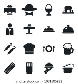 Set of vector isolated black icon - waiter vector, dish, restaurant table, cafe, cook hat, reception, drink, beer, bacon, egg stand, building, dress code, kebab, steaming pan