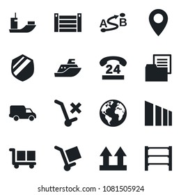 Set of vector isolated black icon - earth vector, pin, 24 hours, sea shipping, car delivery, container, folder document, cargo, up side sign, no trolley, sorting, shield, route, rack