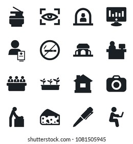 Set of vector isolated black icon - no smoking vector, baby room, reception, pen, meeting, manager place, statistic monitor, house, seedling, patient, camera, copier, cafe building, cheese, eye scan