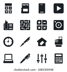 Set of vector isolated black icon - calculator vector, clock, radio phone, play button, back, mobile camera, tuning, sd, notebook pc, copier, pen, smart home, chip