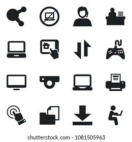 Set of vector isolated black icon - no laptop vector, support, folder document, gamepad, touch screen, monitor, pc, share, data exchange, download, manager desk, printer, web camera