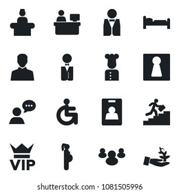 Set of vector isolated black icon - female vector, vip, reception, bed, manager place, disabled, pregnancy, speaker, group, user, identity card, career ladder, waiter, cook, palm sprout