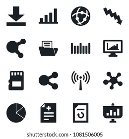 Set of vector isolated black icon - antenna vector, crisis graph, document reload, diagnosis, barcode, share, sd, network, download, monitor statistics, bar, pie, folder, social media, presentation