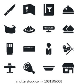 Set of vector isolated black icon - waiter vector, dish, restaurant table, serviette, wine card, reserved, drink, chicken, ham, bowl, knife, sushi, storefront