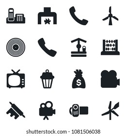 Set of vector isolated black icon - abacus vector, money bag, well, vinyl, tv, video camera, call, office phone, fireplace, rolling pin, outdoor lamp, windmill