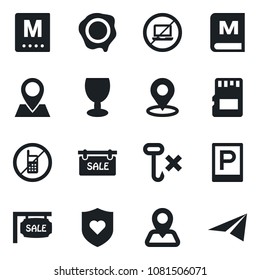 Set of vector isolated black icon - parking vector, no mobile, laptop, stamp, heart shield, navigation, pin, fragile, hook, sd, place tag, sale, menu, paper plane