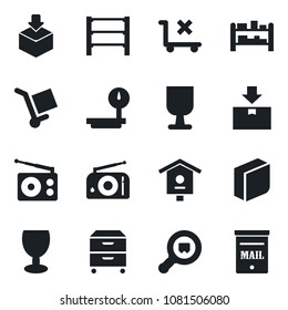 Set of vector isolated black icon - bird house vector, fragile, cargo, no trolley, package, heavy scales, search, rack, radio, blank box, archive, mailbox