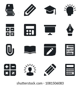 Set of vector isolated black icon - book vector, calculator, graduate, abacus, presentation board, pencil, notes, paper clip, ink pen, shining head